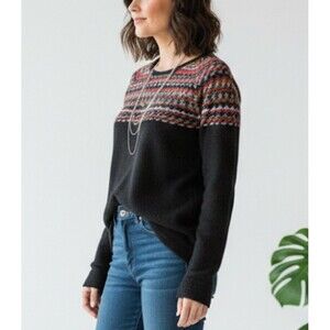 KUNA Size M Sweater 100% Baby Alpaca Multi-Color Geometric Yoke Knit Boho Chic